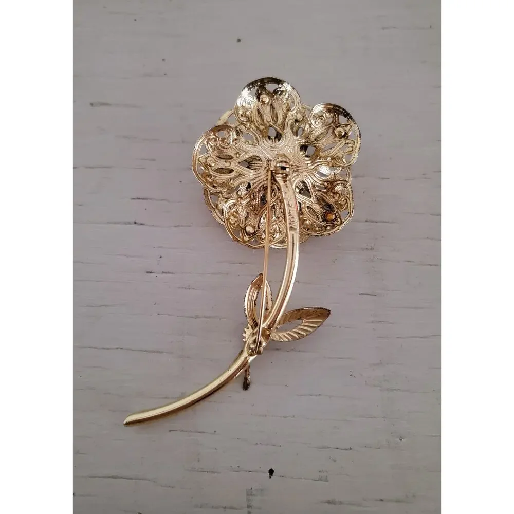 Vintage 1970's Sarah Coventry Gold tone Rhinestone Floral Pin